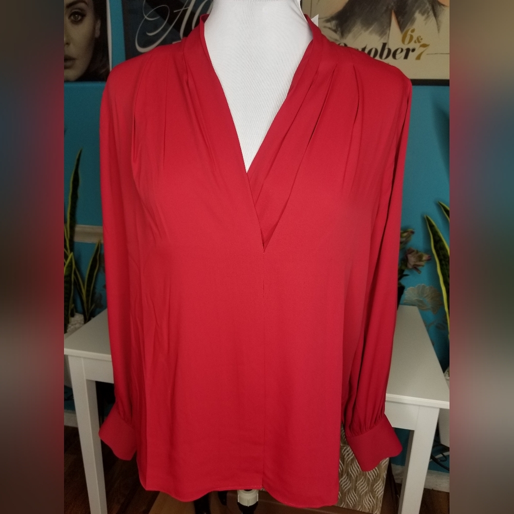 WHBM Long Sleeve V Neck Blouse Deep Red